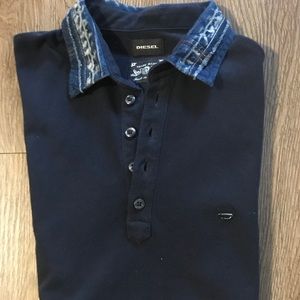 Navy Blue Diesel Polo Shirt w/ Distressed Denim Collar Small